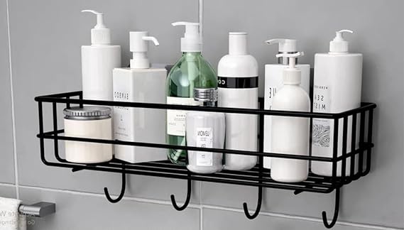 Self-Adhesive Metal Kitchen, Bathroom Multipurpose Heavy Shelf with 4 Hooks