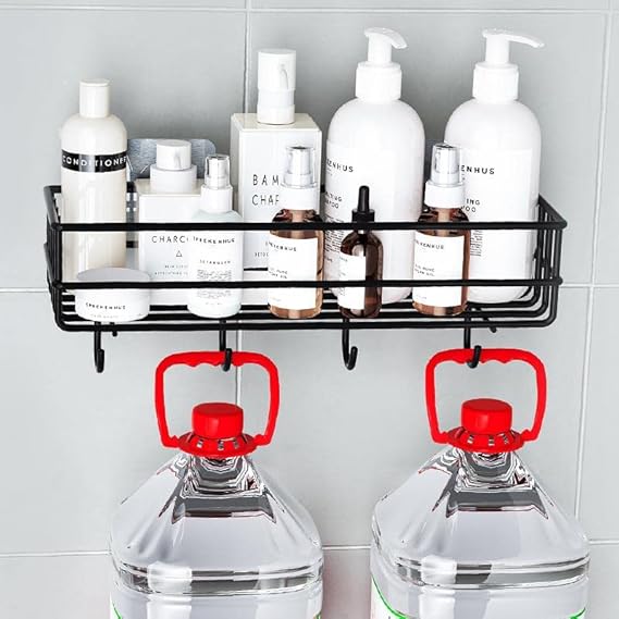 Self-Adhesive Metal Kitchen, Bathroom Multipurpose Heavy Shelf with 4 Hooks