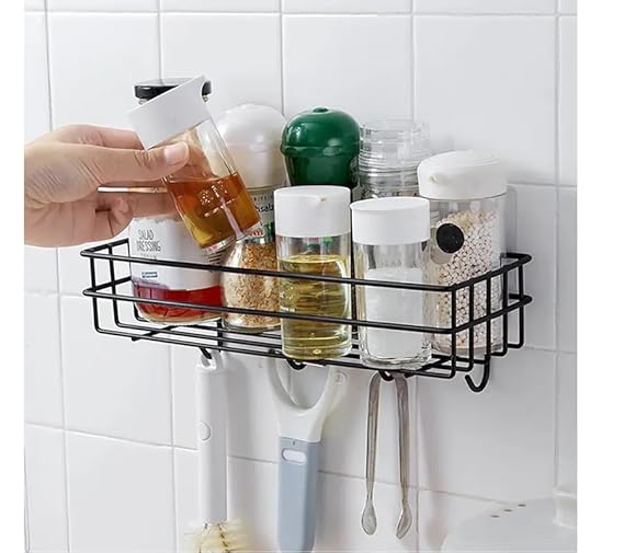 Self-Adhesive Metal Kitchen, Bathroom Multipurpose Heavy Shelf with 4 Hooks