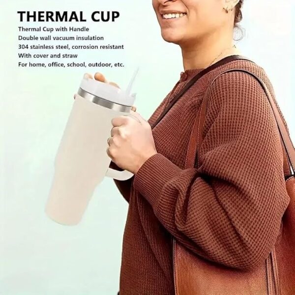 Stainless Steel Vacuum Insulated Thermal Mug with Lid, Straw and Handle 1200 ml