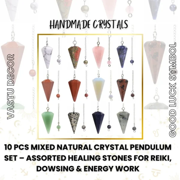 10 Pcs Mixed Natural Crystal Pendulum Set – Assorted Healing Stones for Reiki, Dowsing & Energy Work
