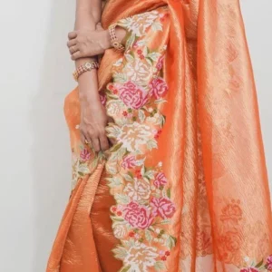 Banarasi Soft Crushed Tissue Silk Saree Collection All over floral cutwork embroidery design.