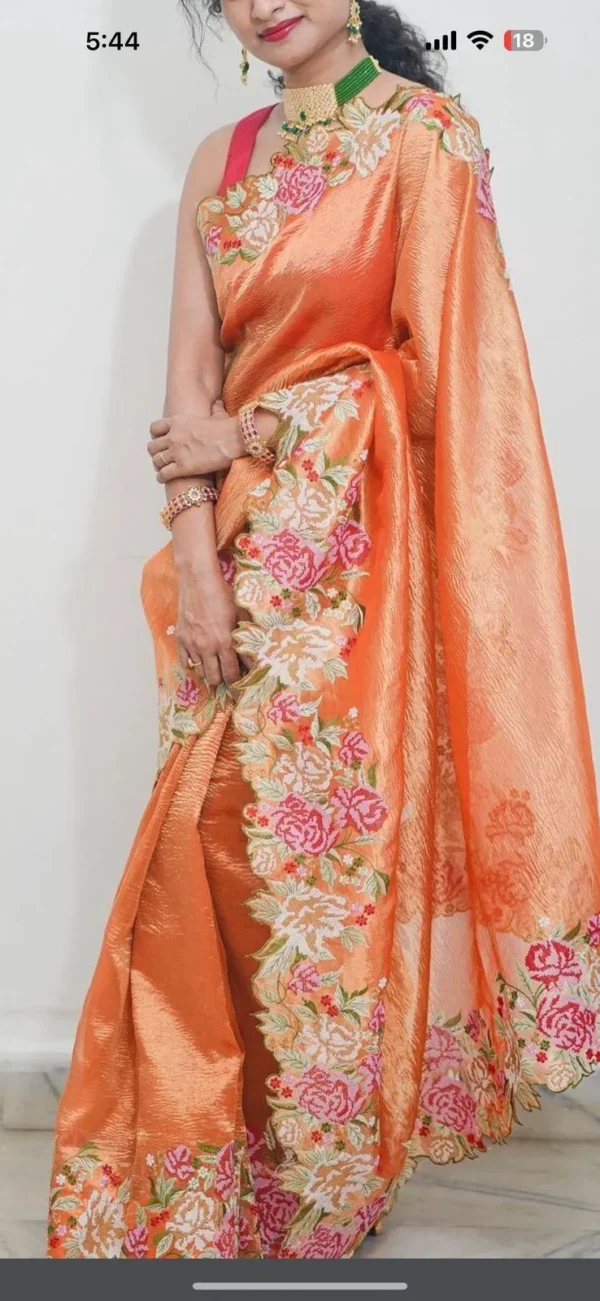 Banarasi Soft Crushed Tissue Silk Saree Collection All over floral cutwork embroidery design.