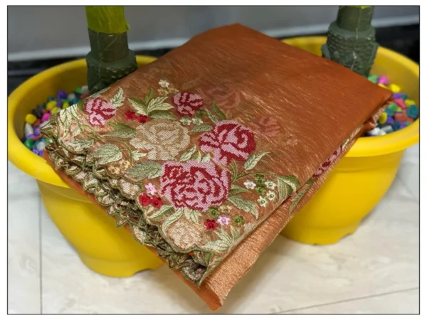 Banarasi Soft Crushed Tissue Silk Saree Collection All over floral cutwork embroidery design.