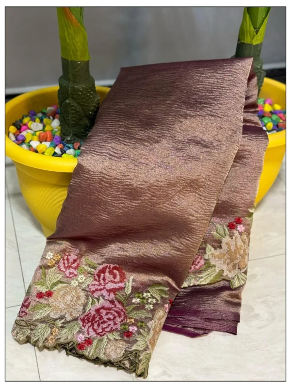 Banarasi Soft Crushed Tissue Silk Saree Collection All over floral cutwork embroidery design.