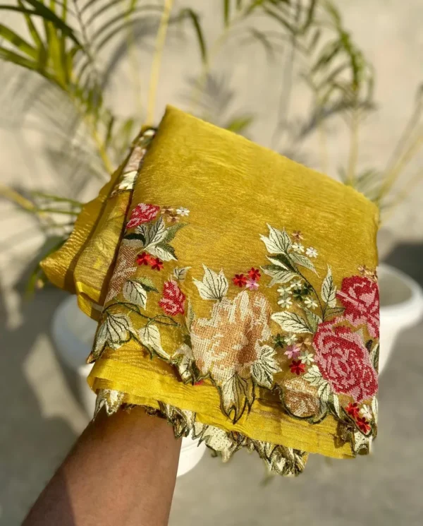 Banarasi Soft Crushed Tissue Silk Saree Collection All over floral cutwork embroidery design.