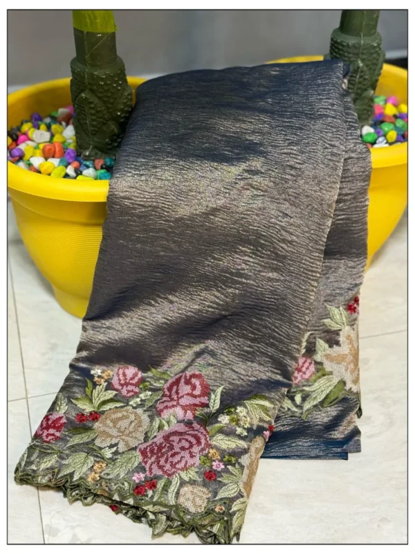 Banarasi Soft Crushed Tissue Silk Saree Collection All over floral cutwork embroidery design.