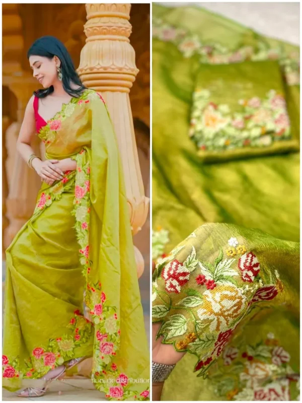 Premium Banarasi Soft Crushed Tissue Silk Saree Collection All over floral cutwork embroidery design.