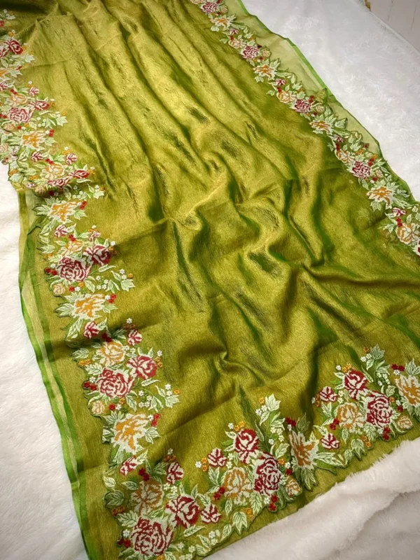 Premium Banarasi Soft Crushed Tissue Silk Saree Collection All over floral cutwork embroidery design.