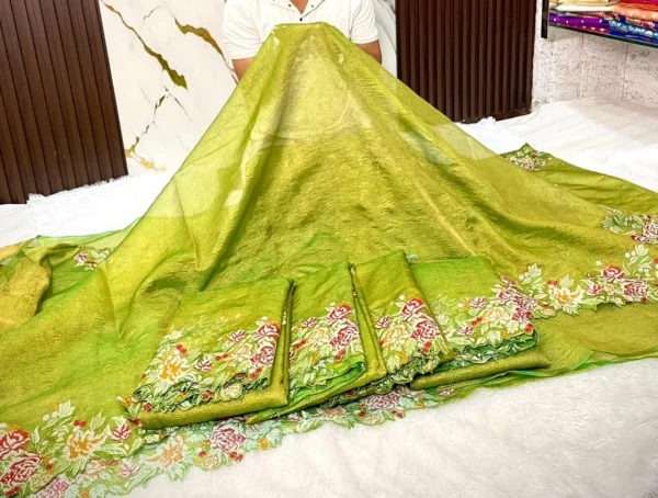 Premium Banarasi Soft Crushed Tissue Silk Saree Collection All over floral cutwork embroidery design.